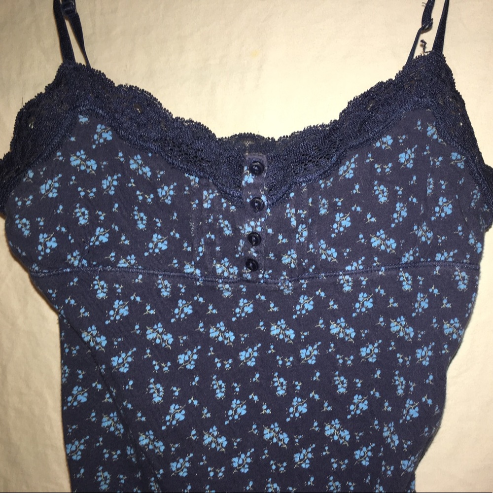 Blue floral tank top with lace trim
