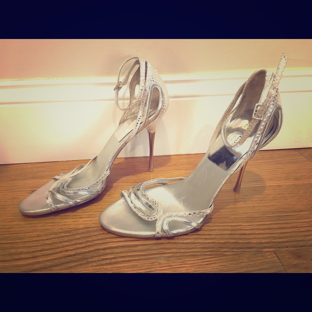 Silver snakeskin strappy stilettos