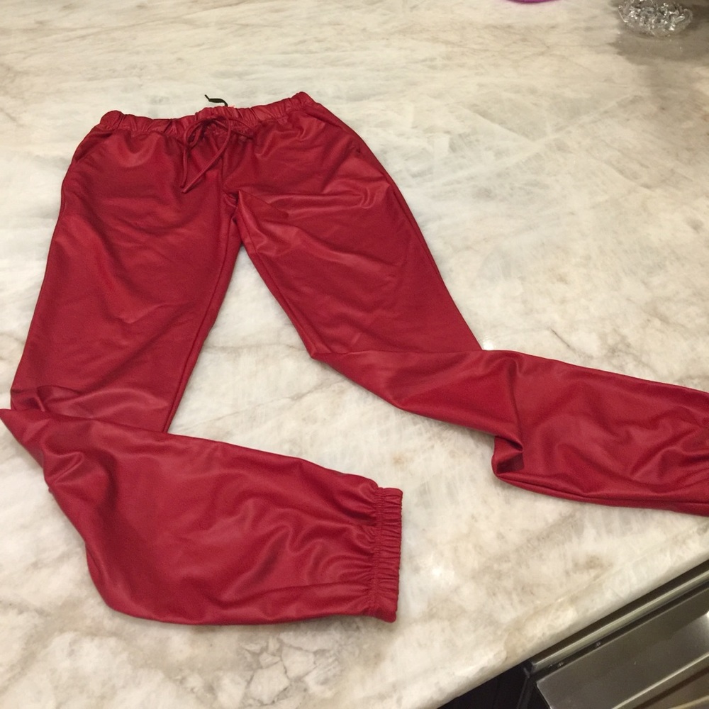 Faux red leather baggy pants