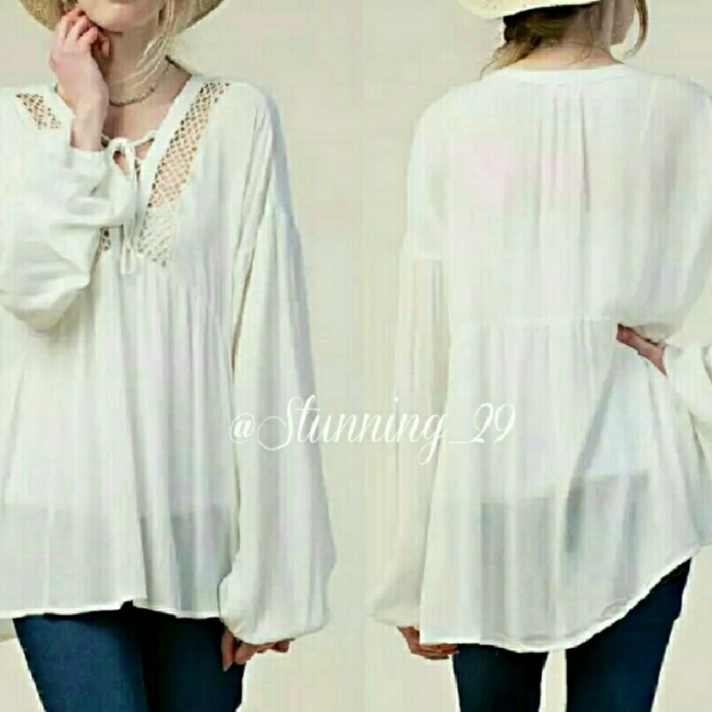 🆕IVORY LATTICE FRONT LONG SLEEVE PEASANT TUNIC