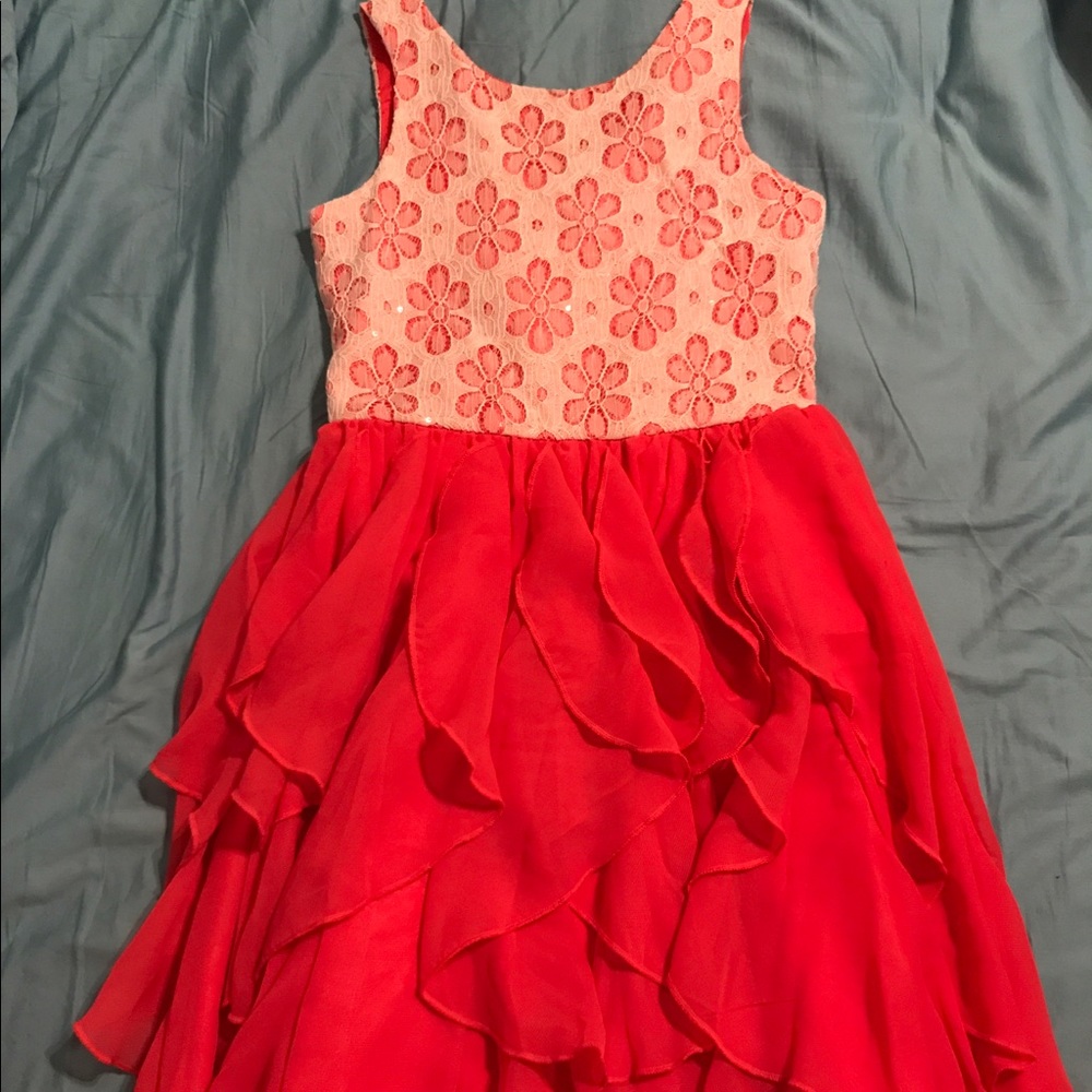 Coral dress with sequin floral detail