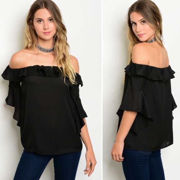 Low stock! S-M sassy Black Ruffle off shoulder top - Picture 2 of 7