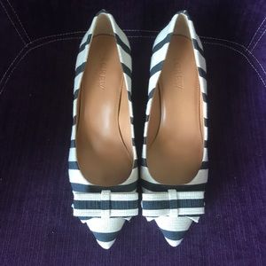 J Crew Navy & White striped heels with bow