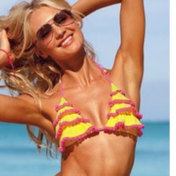 Victoria's Secret pink and yellow Pom bikini top - Picture 1 of 3
