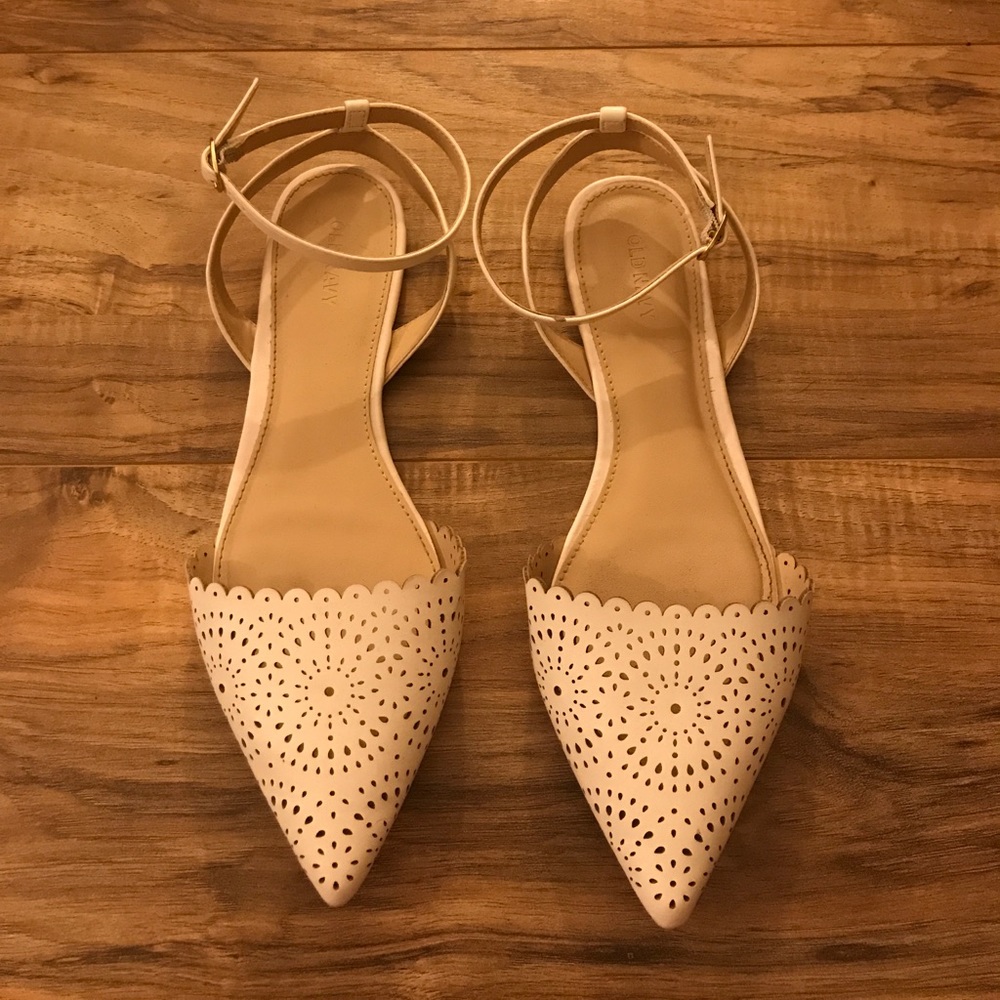 White lattice cut flats with ankle strap
