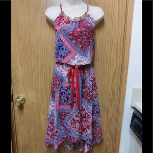 Spectacular Red/Blue Dress W/Golden Detail & Belt