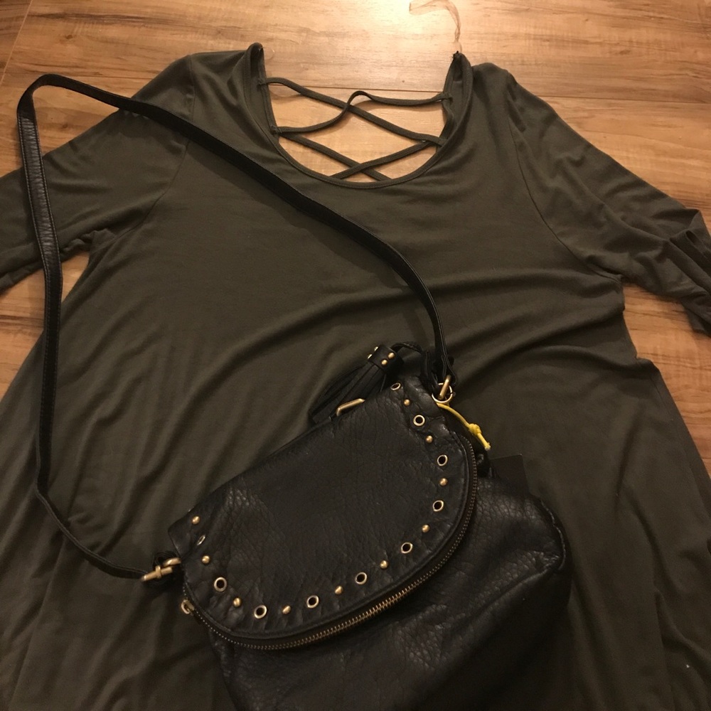 Olive green dress w/ cross cross, semi-open back