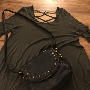 Olive green dress w/ cross cross, semi-open back