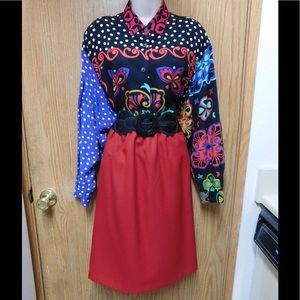 Vintage! Red Long Skirt W/Elastic Belt -Waistband