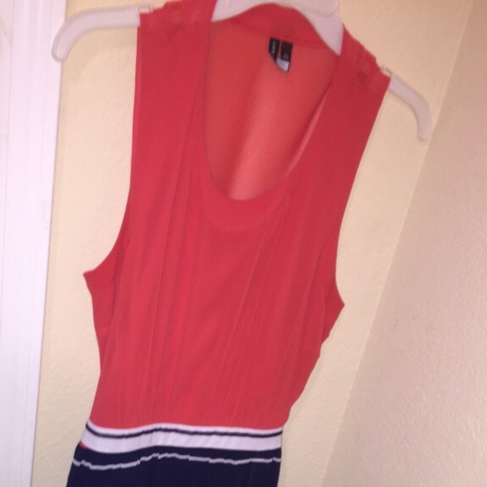 peach, blue, and white long sundress