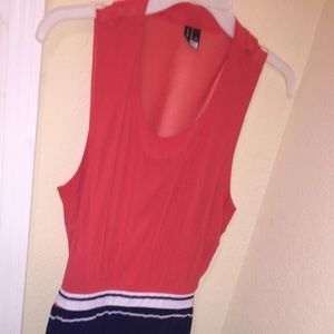 peach, blue, and white long sundress