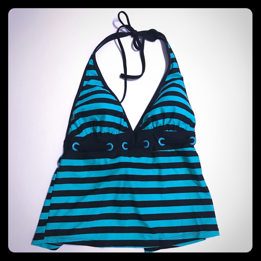 Turquoise and Black Striped Halter Swim Top -SW-12