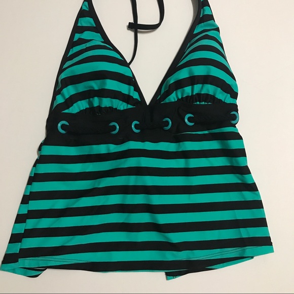 Turquoise and Black Striped Halter Swim Top -SW-12 - Picture 2 of 5