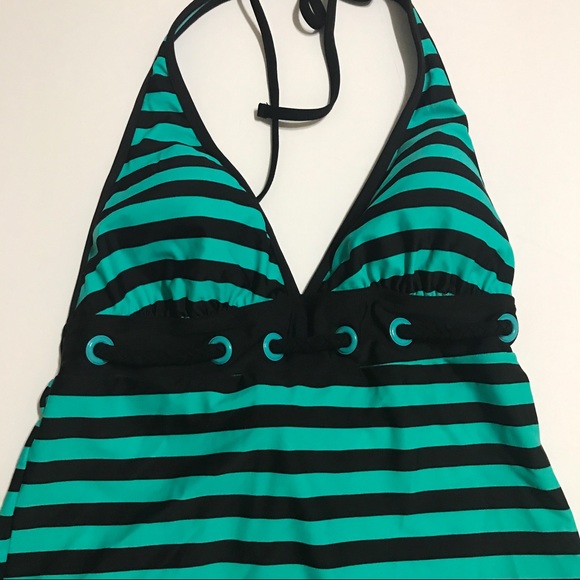 Turquoise and Black Striped Halter Swim Top -SW-12 - Picture 3 of 5
