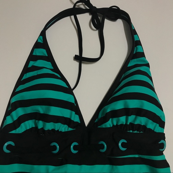 Turquoise and Black Striped Halter Swim Top -SW-12 - Picture 4 of 5