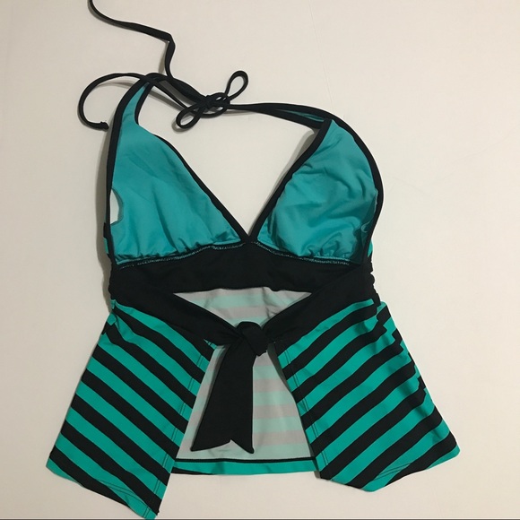 Turquoise and Black Striped Halter Swim Top -SW-12 - Picture 5 of 5