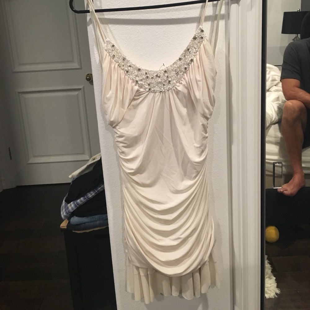 Bcbg Maxazria cream color stretchy ruched dress