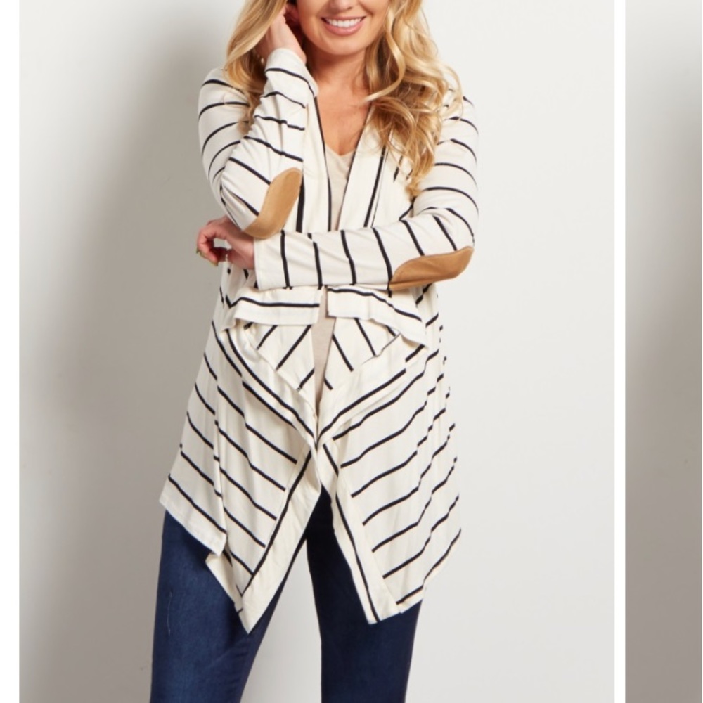 White Striped Suede Elbow Patch Maternity Cardigan