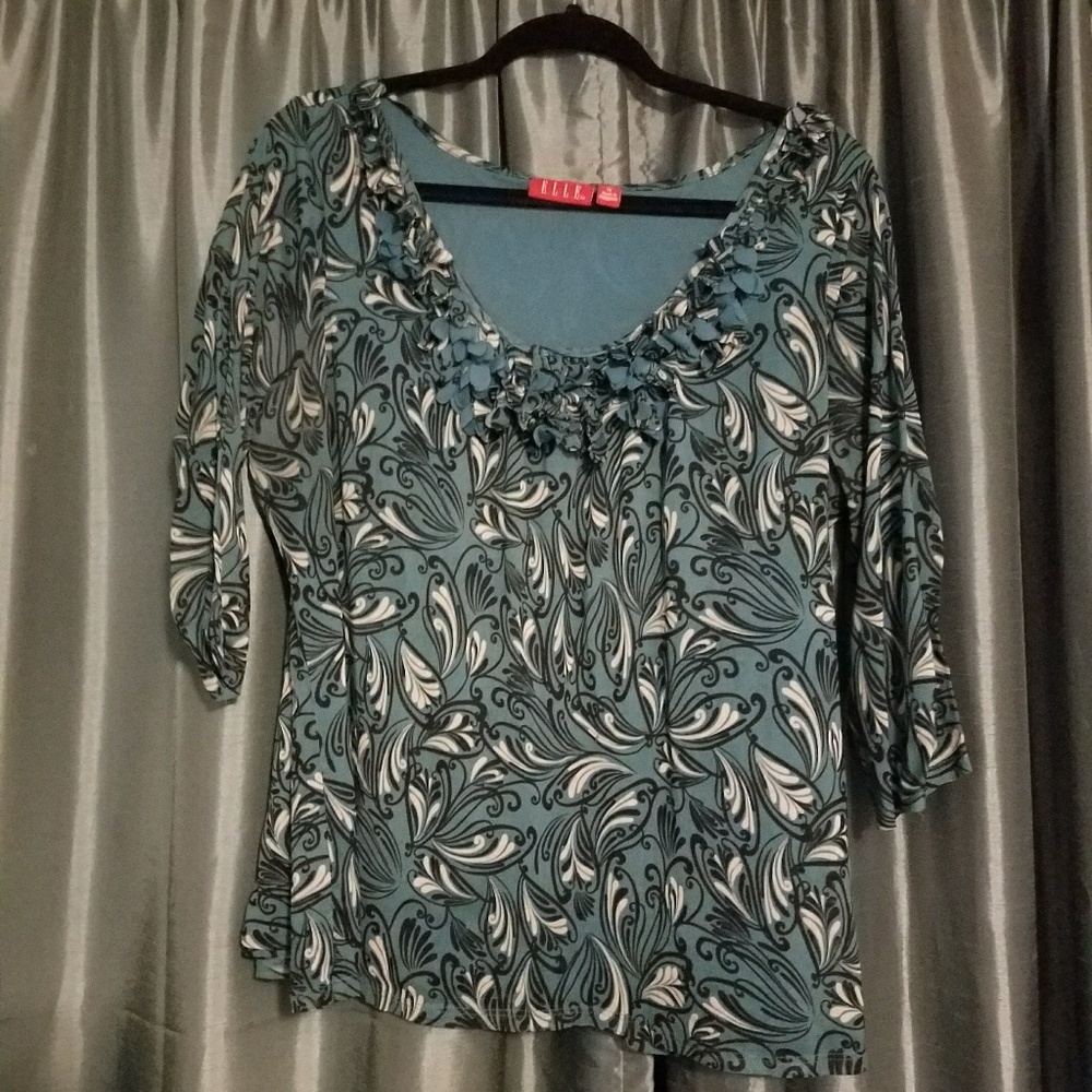 Ruffle neckline blue blouse with sheer sleeves