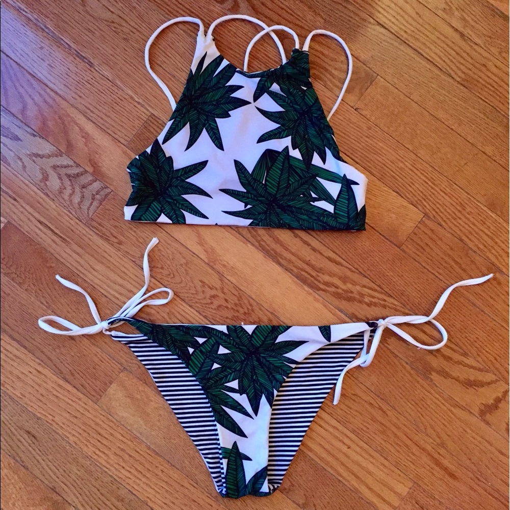 Striped and Palm Print Reversible Bathing Suit
