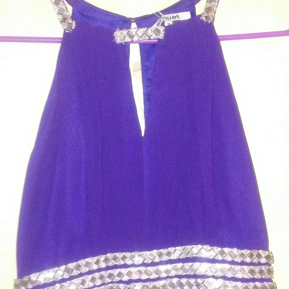 Beautiful purple dress with rhinestone accents.