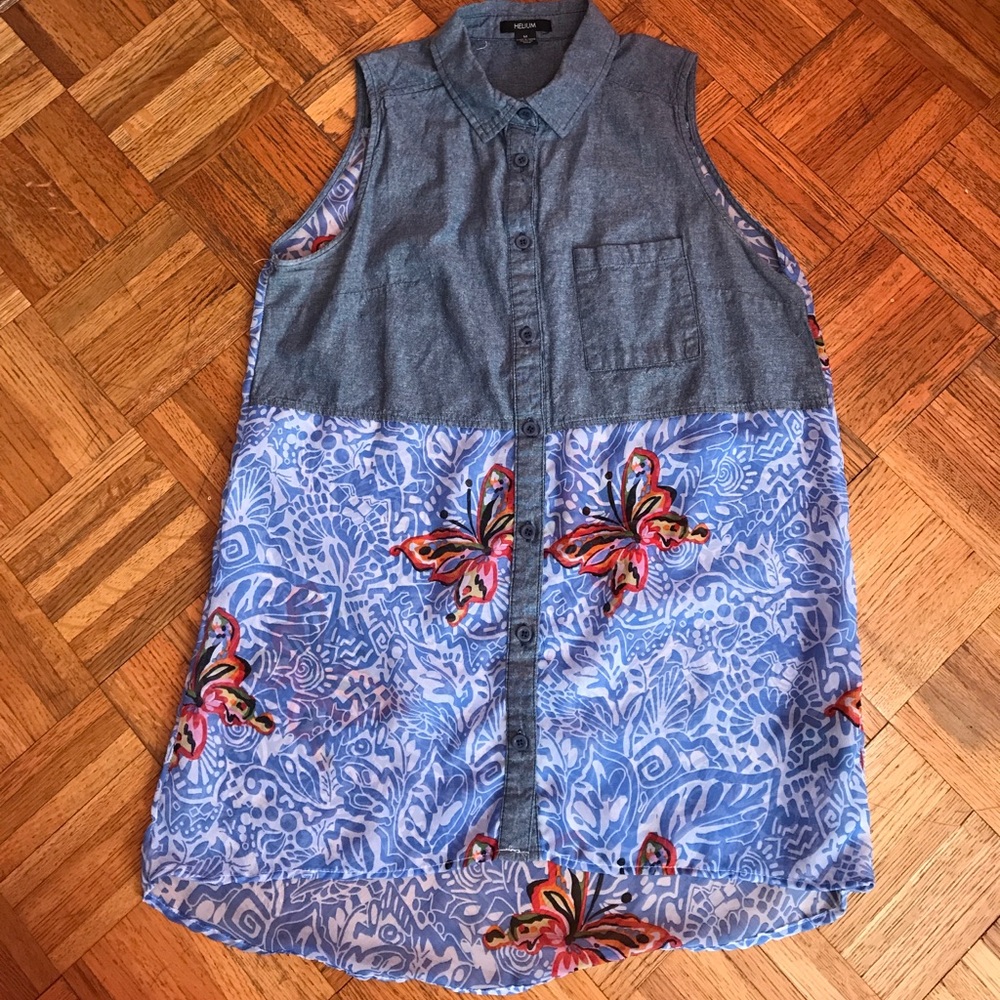 Helium Denim & Chiffon Butterfly Button Down Top