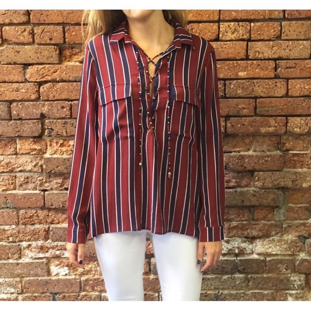 Striped lace up long sleeve blouse
