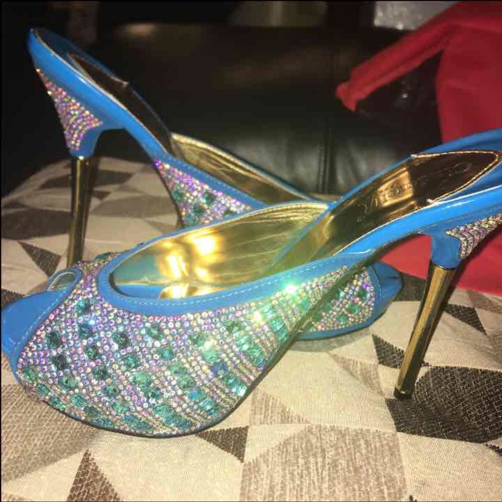 Blue rhinestone heels