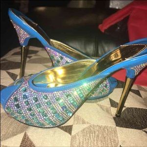 Blue rhinestone heels