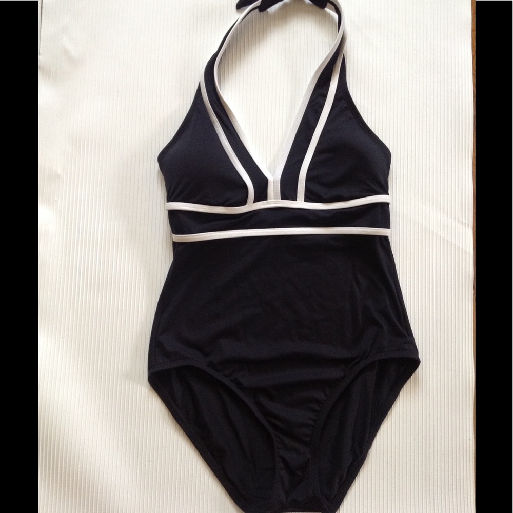 Adorable black and white trim one piece has padded