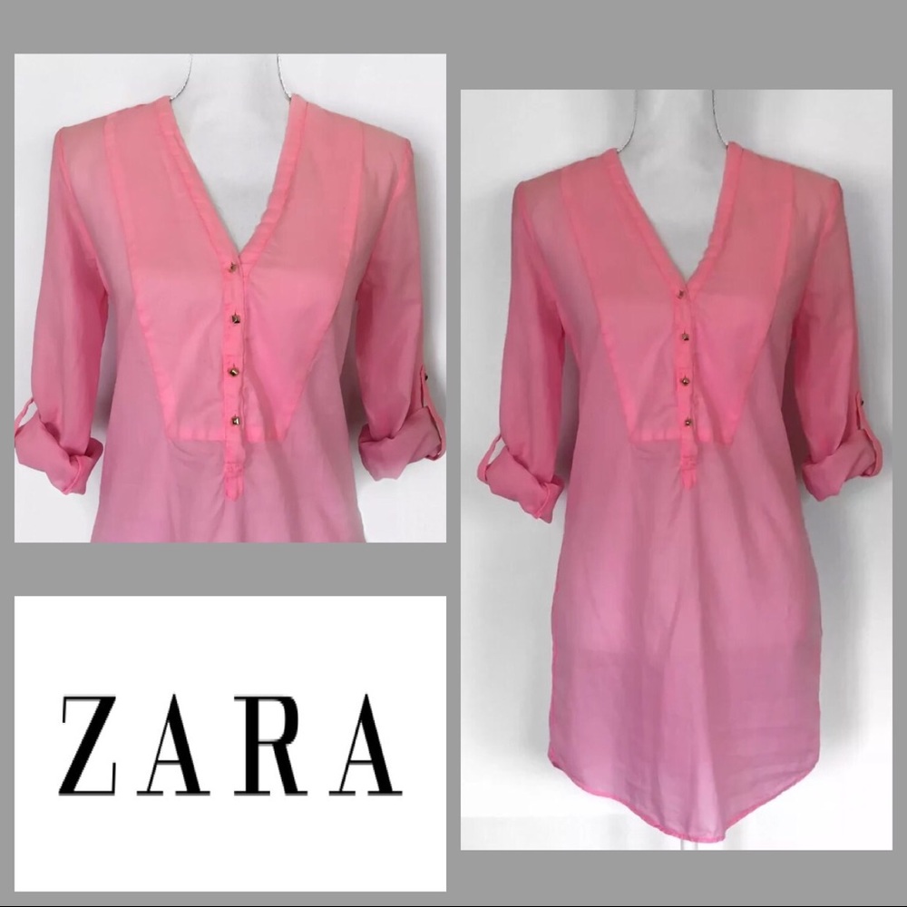 Zara Pink Tunic Top Blouse Roll Up Sleeve (S)