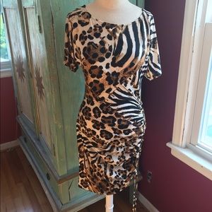 CACHE. Silky knit Leopard dress with Ruching.