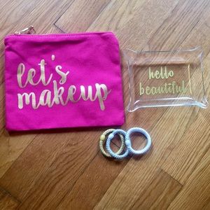 Cosmetic bag, tray, and hair ties