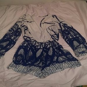 Silky royal blue and cream romper