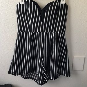 Striped black and white strapless romper