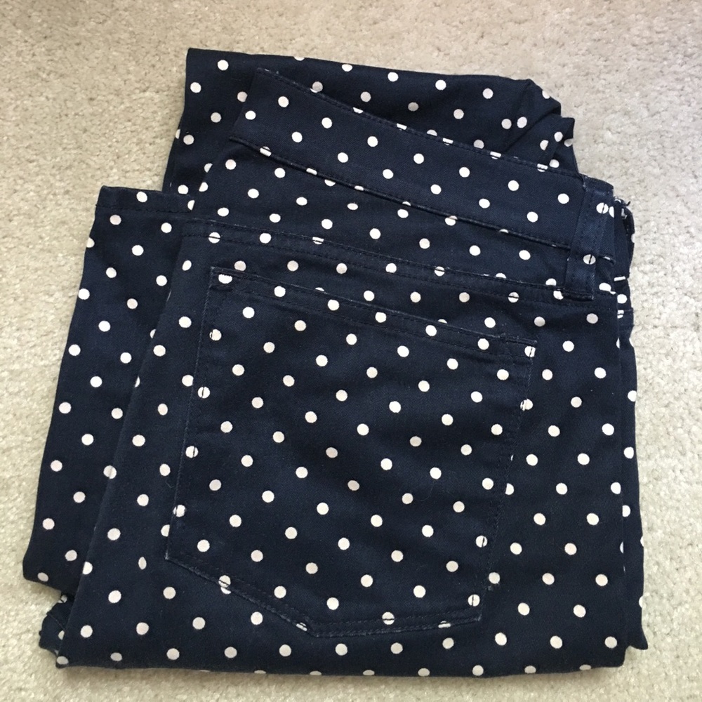 J. Crew Navy and White Polka Dot Toothpick Jeans