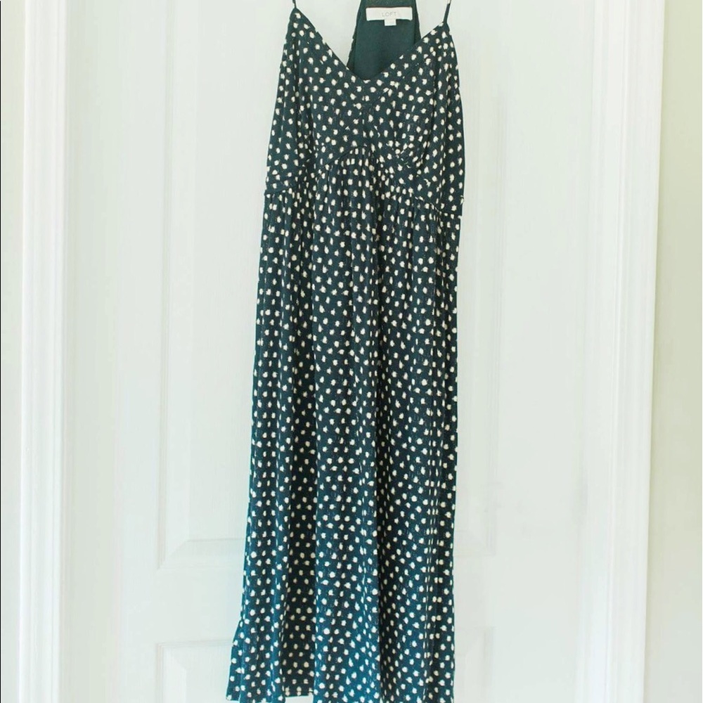 LOFT Navy blue dress with cream dots