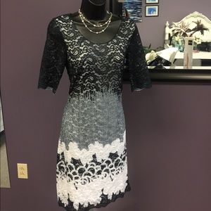 YEST brand lace overlay dress in navy and white.