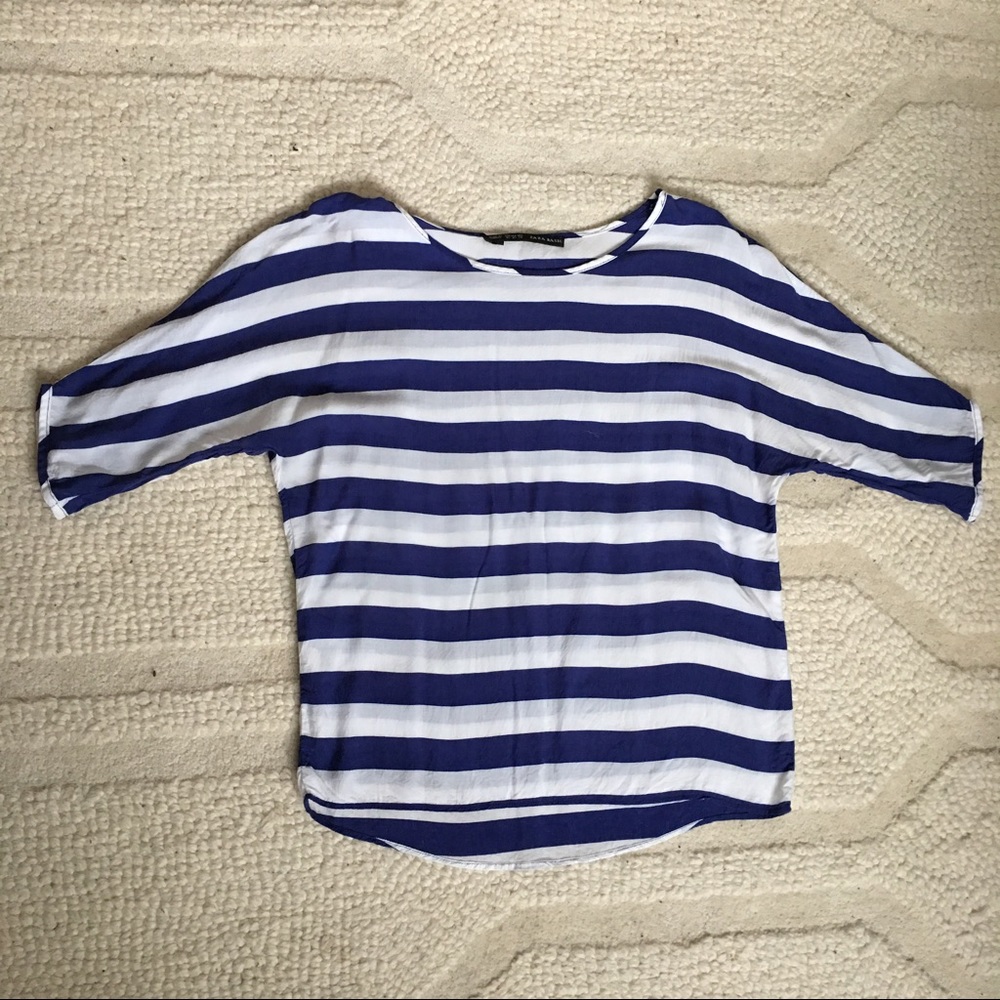 Zara Basic 3/4 Sleeve blue and white stripe flowy