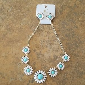 White&Mint Floral Statement Necklace & Earrings