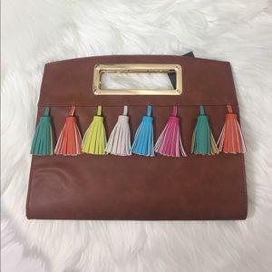 Cognac Brown Faux Leather Tassel Handbag Purse