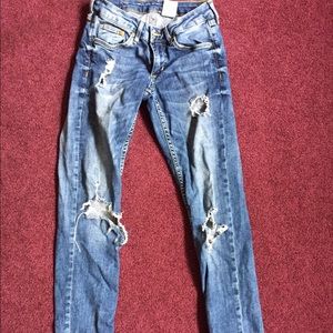 Distressed classic blue denim jeans, size 0
