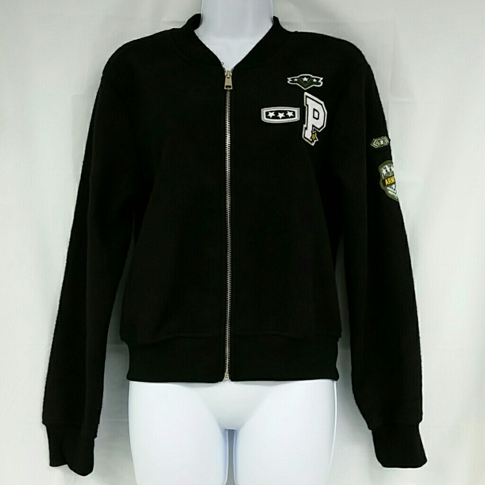 Poof Apparel Large Black Fleece Bomber Jacket NWT