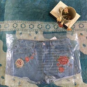 Embroidered Floral Denim Shorts