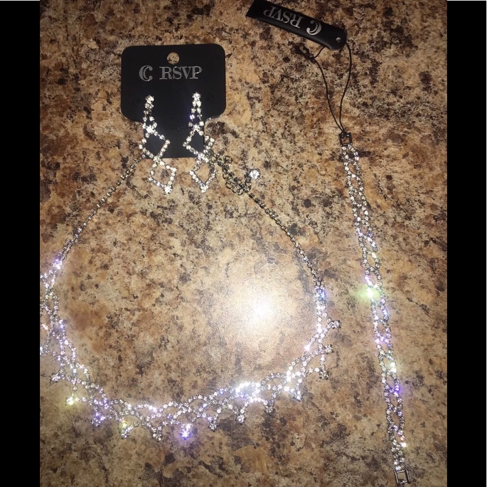 Silver Set Matching Necklace, Bracelet, & Earrings