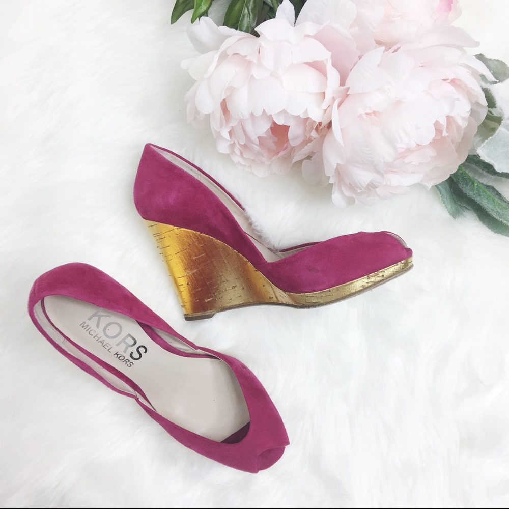 Michael Kors Gold Cork Fushia Wedge Leather Upper