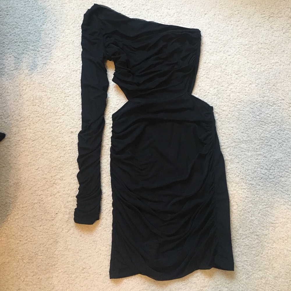 Black one shoulder long sleeve scrunch mesh dress