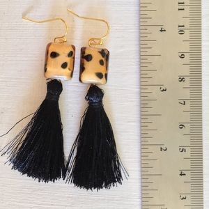 Leopard lampwork bead earrings black tassels gold