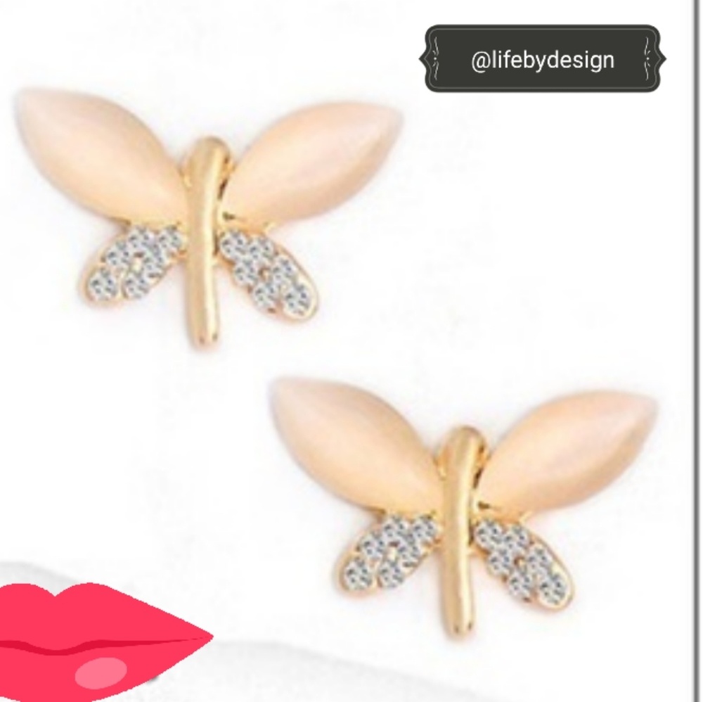 Dragonfly 14K Gold Plated Opal & CZ Earrings - Picture 3 of 3