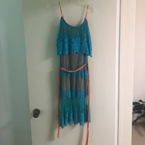 Turquoise/Coral Midi Dress